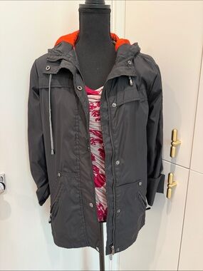 Black Hooded Shell Jacket with Orange Liner